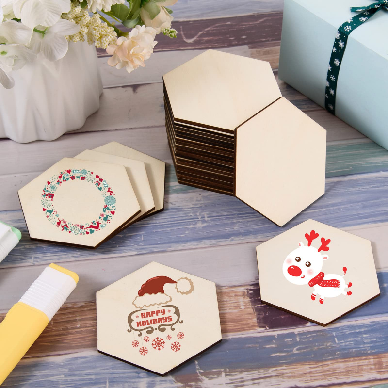 Christmas Craft Embellishment - Fatias de Madeira Hexagonais de 5cm,